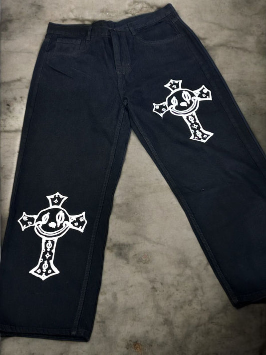 Smiley Cross Black Straight Fit Denim Jeans