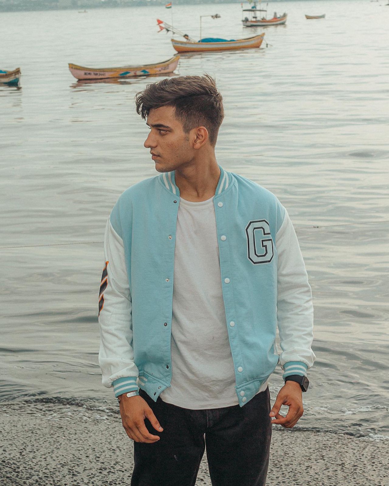 Sky Blue Letter Varsity Jacket